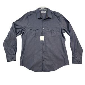 Calvin Klein Button Down Shirt Men's L Tab Shoulder Button Flap Pockets Blue